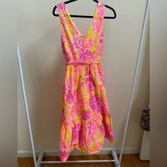 Lilly Pulitzer Bri V-Neck Cotton Midi Dress Calla Yellow Floral - Picture 3 of 11